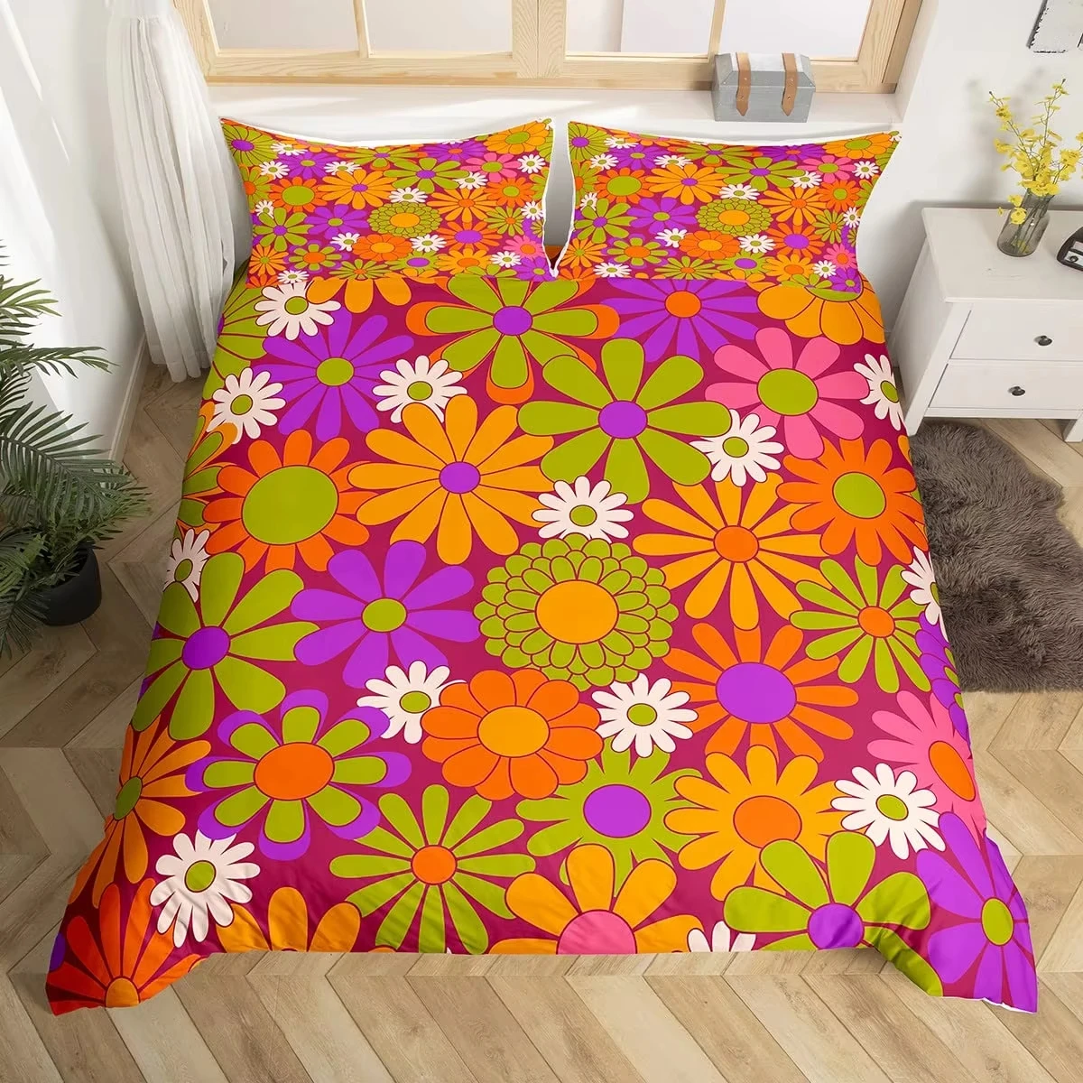 Aesthetic Floral Duvet Cover - Groovy Bettbezug Queen Retro Hippie Blumen-Bettwäsche-Set
