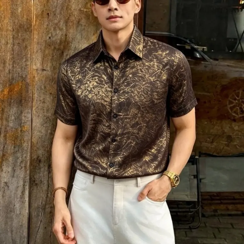 

Summer Men's Gradient Shirt Short Sleeved Slim Fit Casual Social T-shirt Ice Silk Comfortable Beach Hawaiian Shirts Men Clothing