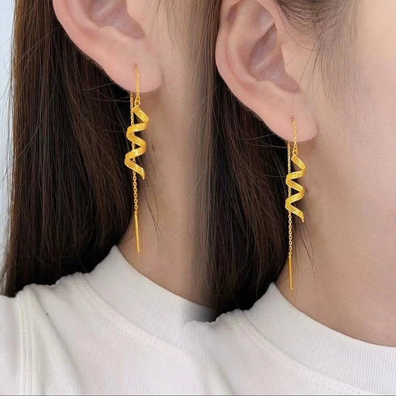 Classic 14 Kt Gold Color French Wave Style Earring for Women Girl Elegant Long Drop Earrings Party Birthday Jewelry Gifts
