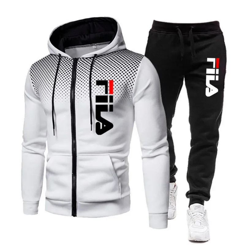 Conjunto de sudadera con capucha y pantalones de chándal con cremallera estampada para hombre, conjunto de ropa deportiva para correr, fitness, moda de ocio, otoño e invierno