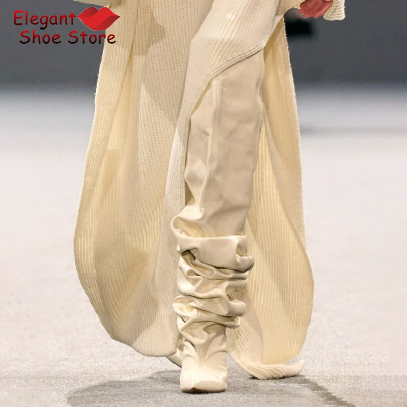 

Wine Red Pleated Wedge Over The Knee Boots Solid Pointy Toe Leather High Heel Long Boots Sexy Women Party Runway Shoes Plus Size