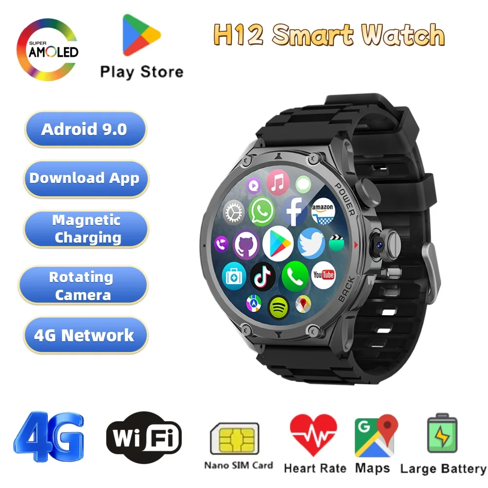 

New Smart Watch 4G SIM Card Android 190°Rotating Camera Video Call Google Play GPS WIFI Large Memory APP Download Sports Men Kid