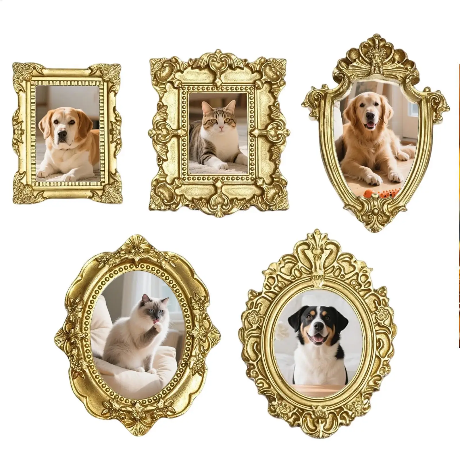 5Pcs Vintage Mini Picture Frames Elegant Golden Tone Baroque Resin Wall Mounted Display Cases Wedding Christmas Home Decor