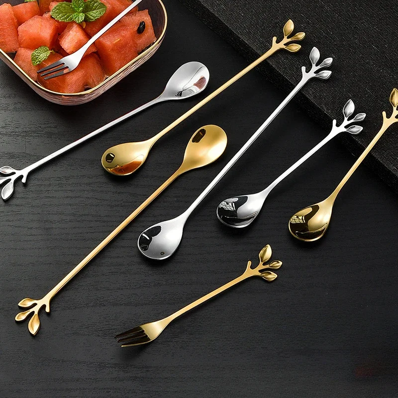 Gold Leaf Spoon for Stirring Tea Coffee Mixing Spoons Stainless Steel Tableware for Dessert Fruit Christmas Gift Home Decoratons