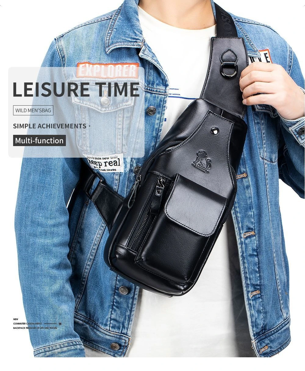 

Men's real leather retro shoulder cross body chest bag head layer of cowhinot front body phone storage chest bag