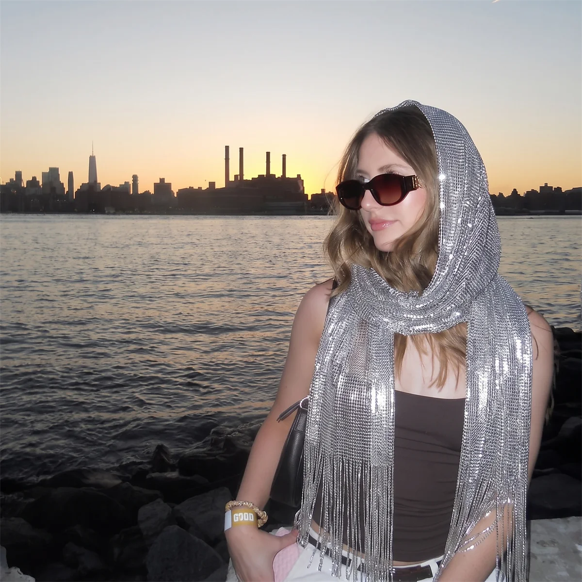 Y2K Sparkly Thread Solid Tassel Scarf Slim Neck Wrap Shiny Mesh Headband Shawl For Lady Rave Festival Street Night Out Outfit