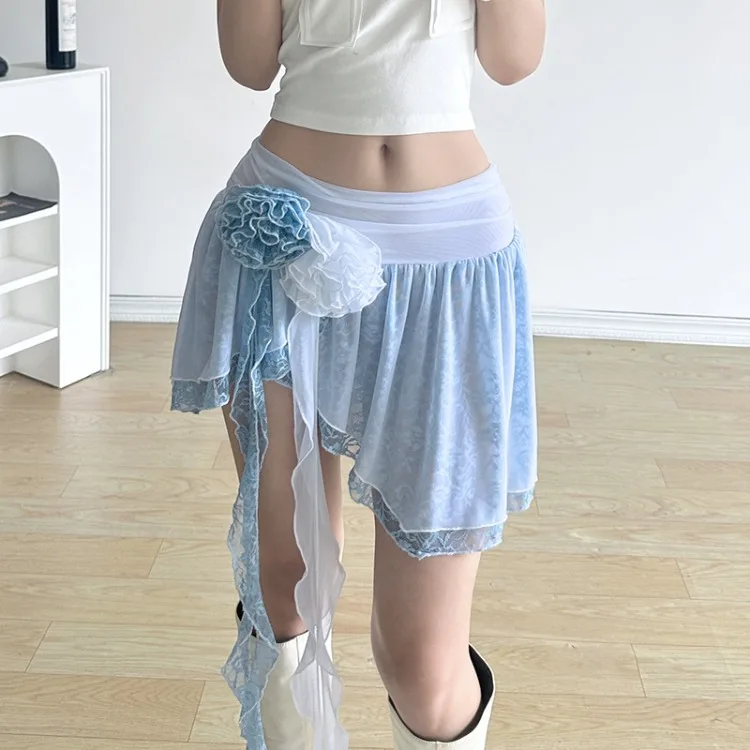 Fashion Rose Tassels Lace Skirt for Women Y2k Sexy Low-waisted Irregular Skirts 2024 Summer New Blue Loose Faldas Mujer