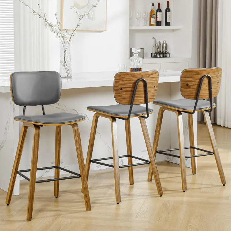 

Counter Height Bar Stools Set of 3, PU Leather Upholstered Barstools with Backs, Bent Wood Legs, 26 Inch Seat Height