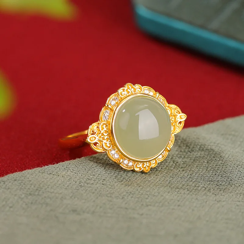 Natural Hetian S925 Sterling Gold-Plated Jade Ruyi Round Silver Ring