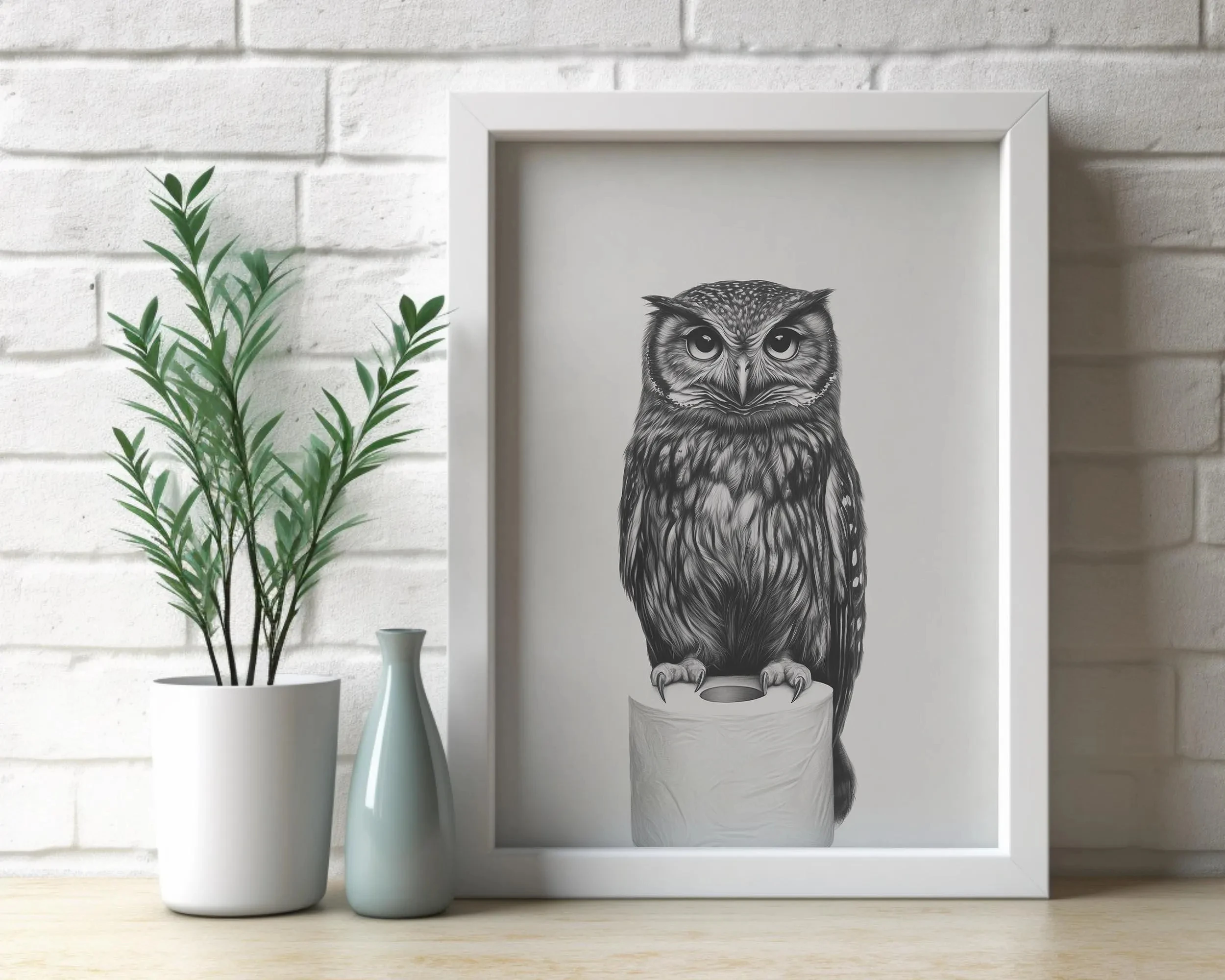 Modern Black and White Owl Poster Print Bird Perched on Tissue Box Frameless Canvas Art Home Bathroom Wall Art