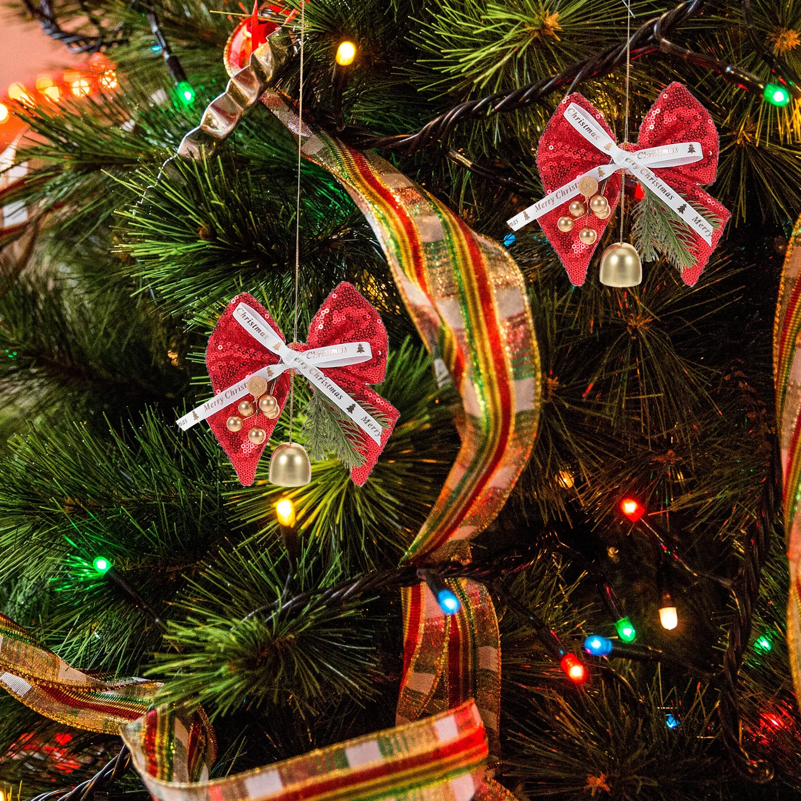 

2Pcs Christmas Bells Glitter Decorative Bowknot Xmas Tree Ornaments Hanging Bell Pendant Festive Bell Decorations