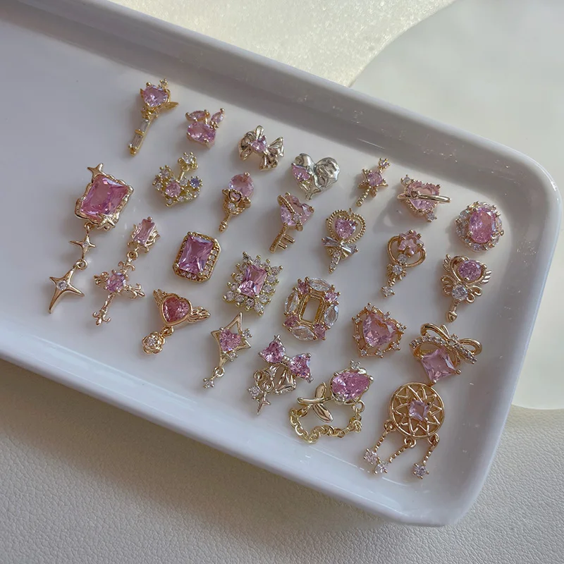 10 pçs amor arco flor de cerejeira estrela rosa decorações de unhas super glitter zircão rosa série flash acessório