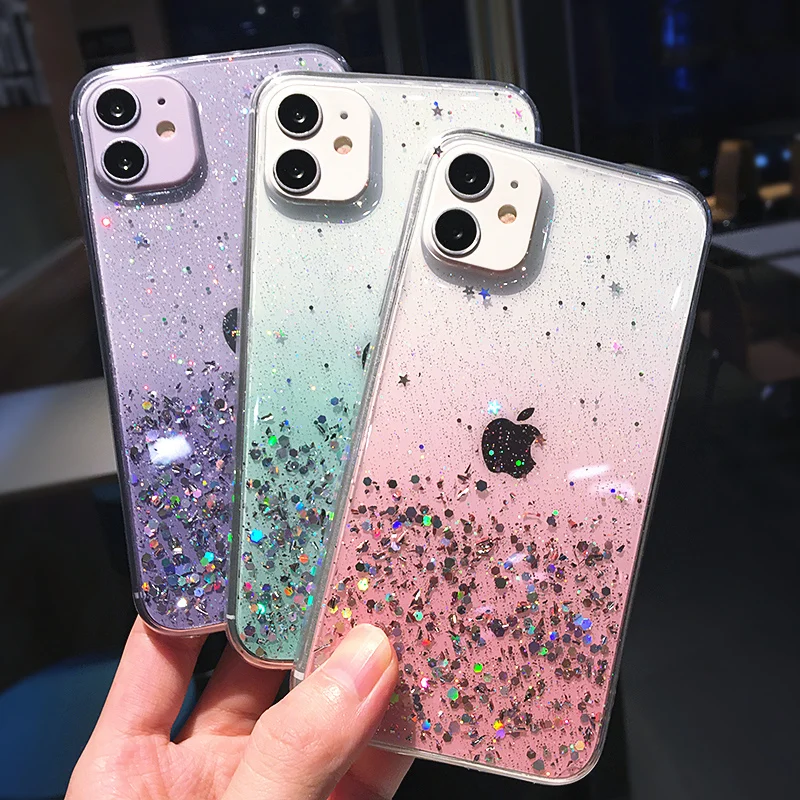 Capa de telefone com brilho transparente para iPhone, capa de lantejoulas gradiente bonito, iPhone 16, 14, 15, 13, 12 Pro, 11 Pro Max, XS Max, XR,