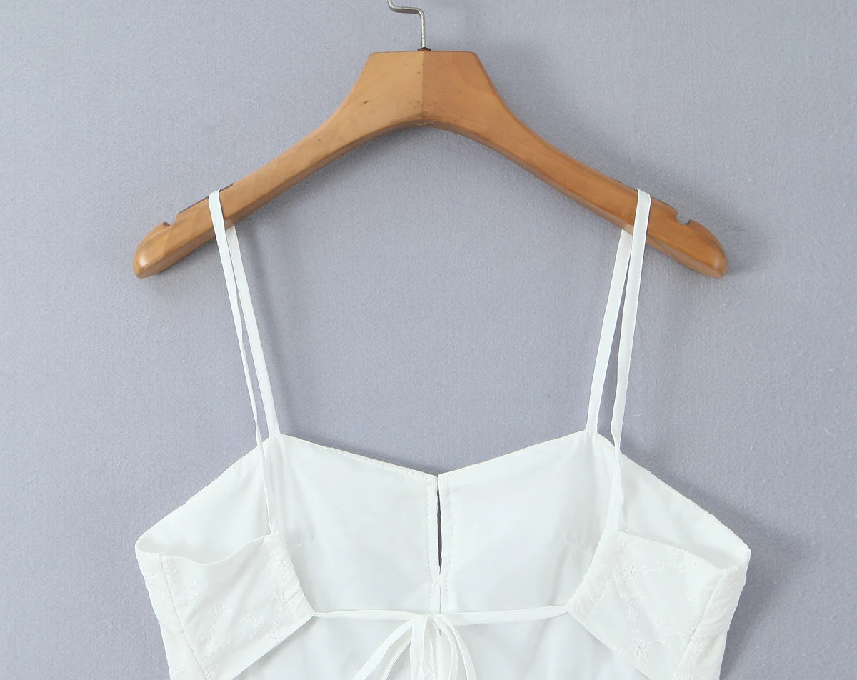 Vakantie Wit Gesplitst Borduren Kant Katoenen Strik Vetersluiting Sling Jurk Vrouwen Knop V-hals Vetersluiting Terug Backless Vestdios Gewaad
