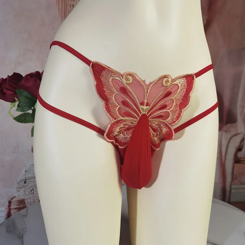 Men Sheer Thong G-String Egg Wrapped Peni Sleeve Thong Hollow Underwear Sexy Lace See Through Lingerie Butterfly Erotic Hombre