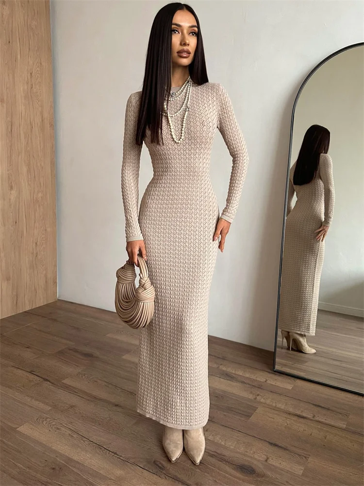 

Tossy Knitwear Hollow Out Elegant Long Dress For Women Patchwork See-Through High Waist Slim Bodycon Dress Female Knit Dress New