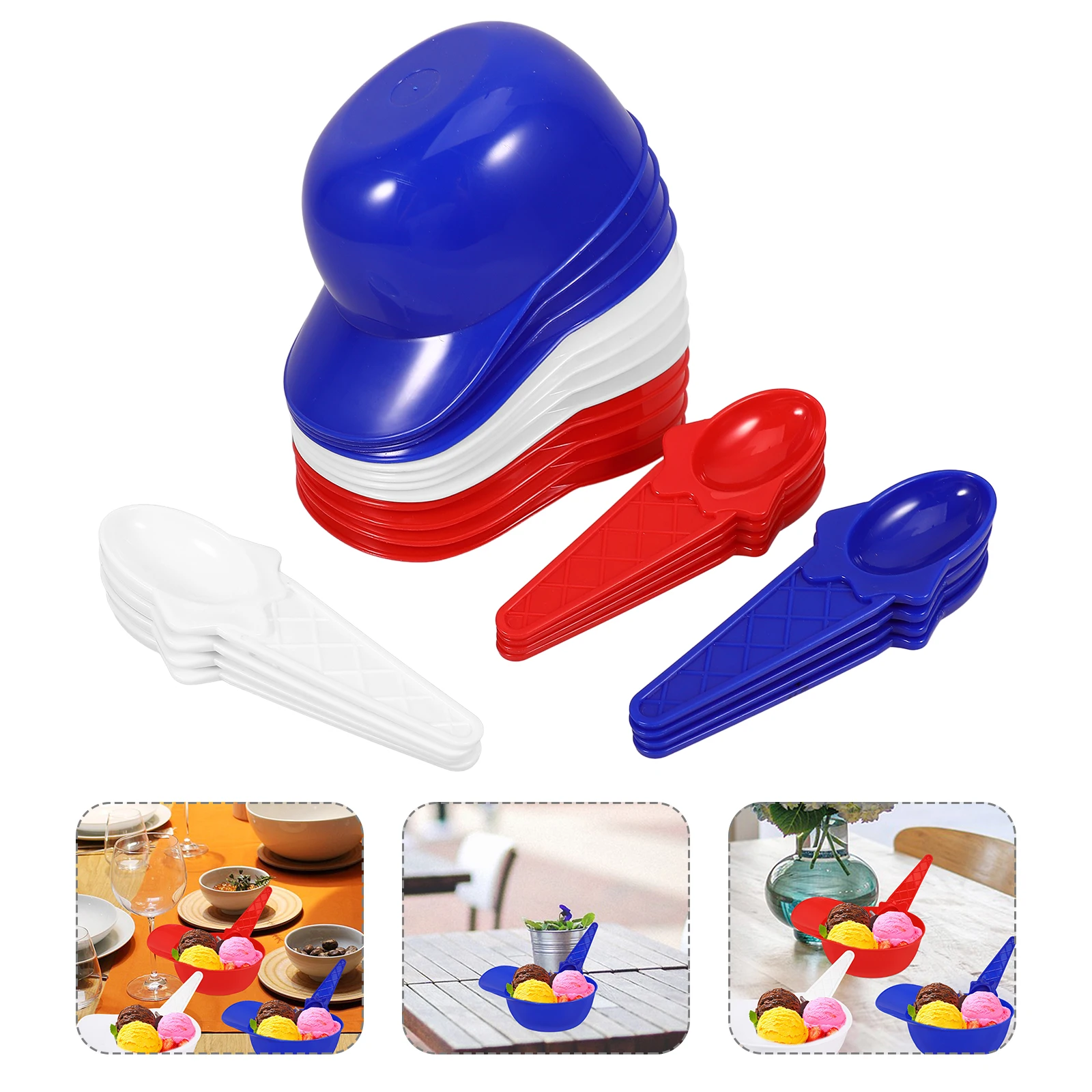 

12pcs IceCreamBowl ReusablePlasticBowls 12RedBlueWhite BowlsSpoons HomeOfficeRestaurant DurableBaseballHatShape Storage