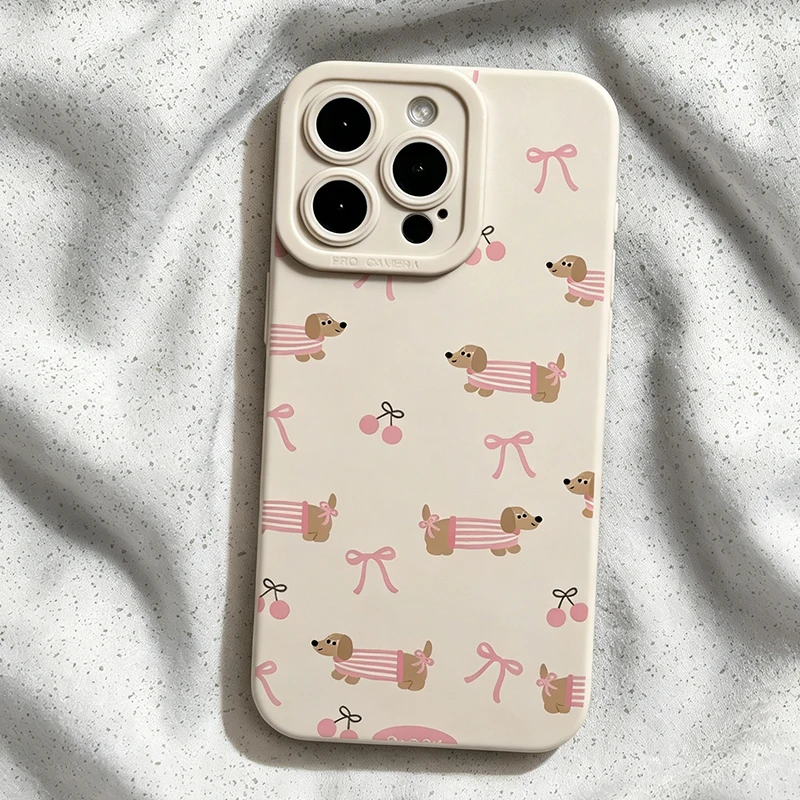 For iPhone 11 12 13 14 15 16 17 Pro Max Plus Air XS X XR 7 8 16E 17E Pink Bow Dachshund Dog Cherry Pattern Soft Phone Case Cover