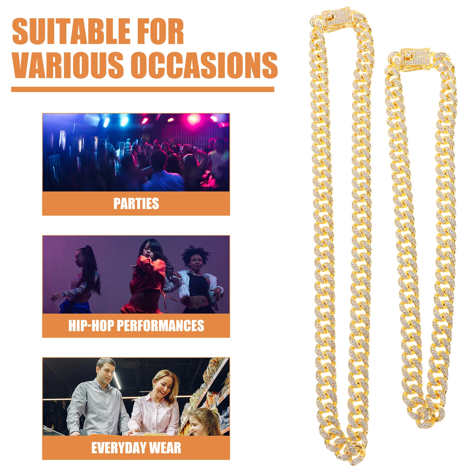 

4Pcs Rhinestone Link Chain Necklace Bracelet Unisex Hip Hop Jewelry Set Stylish Trendy Accessory Link Chain