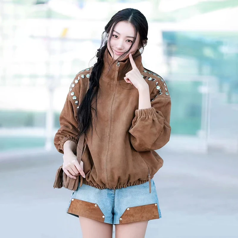 

French Style Decorative Rivet Sheep Leather Jacket And Shorts Set Women's Loose Fit Spring Summer Fashion Trend Stand Collar