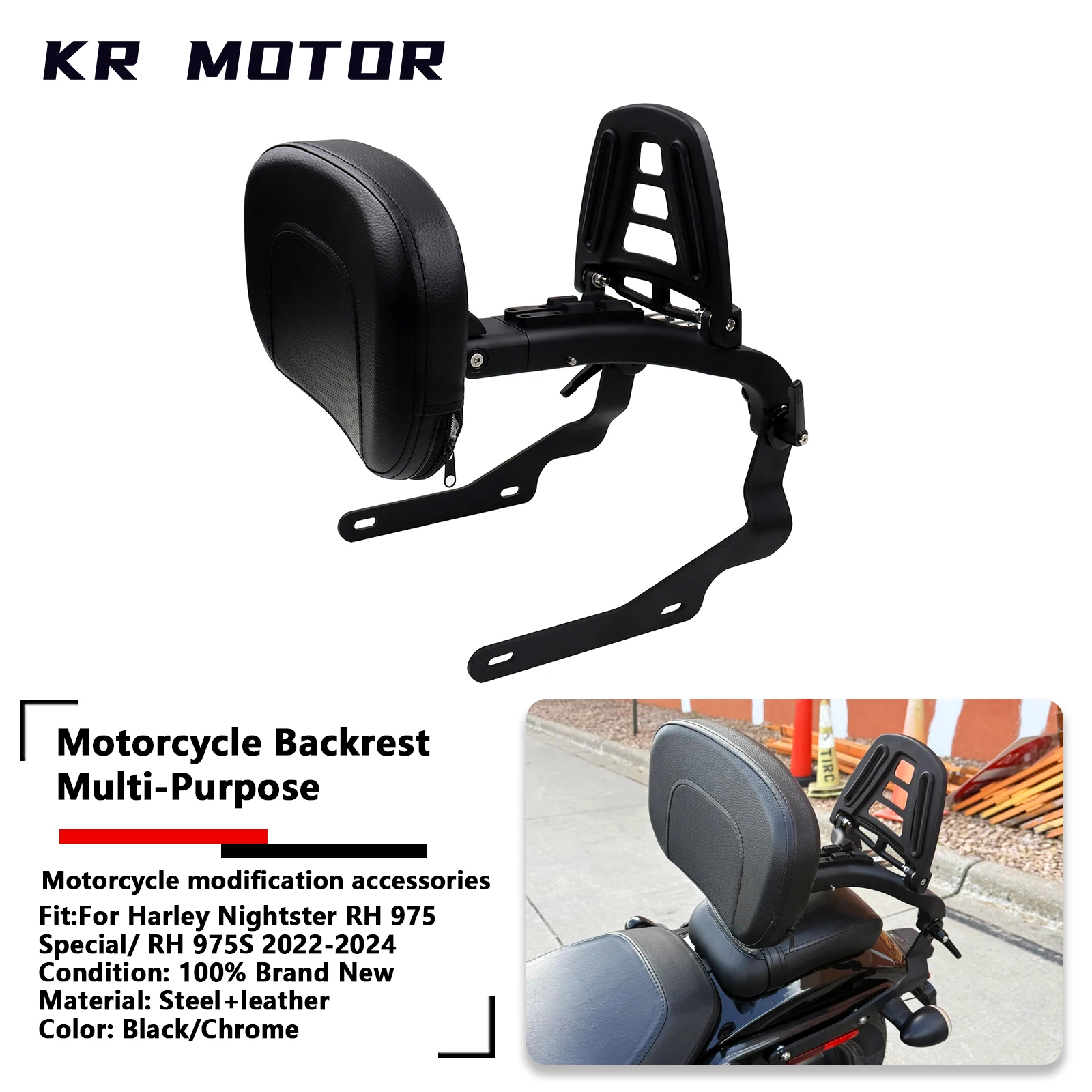 Fits For Harley Nightster RH975 Special/RH 975S 2022-2024 Multi-Purpose Adjustable Backrest With Folding Luggage Rack Sissy Bar