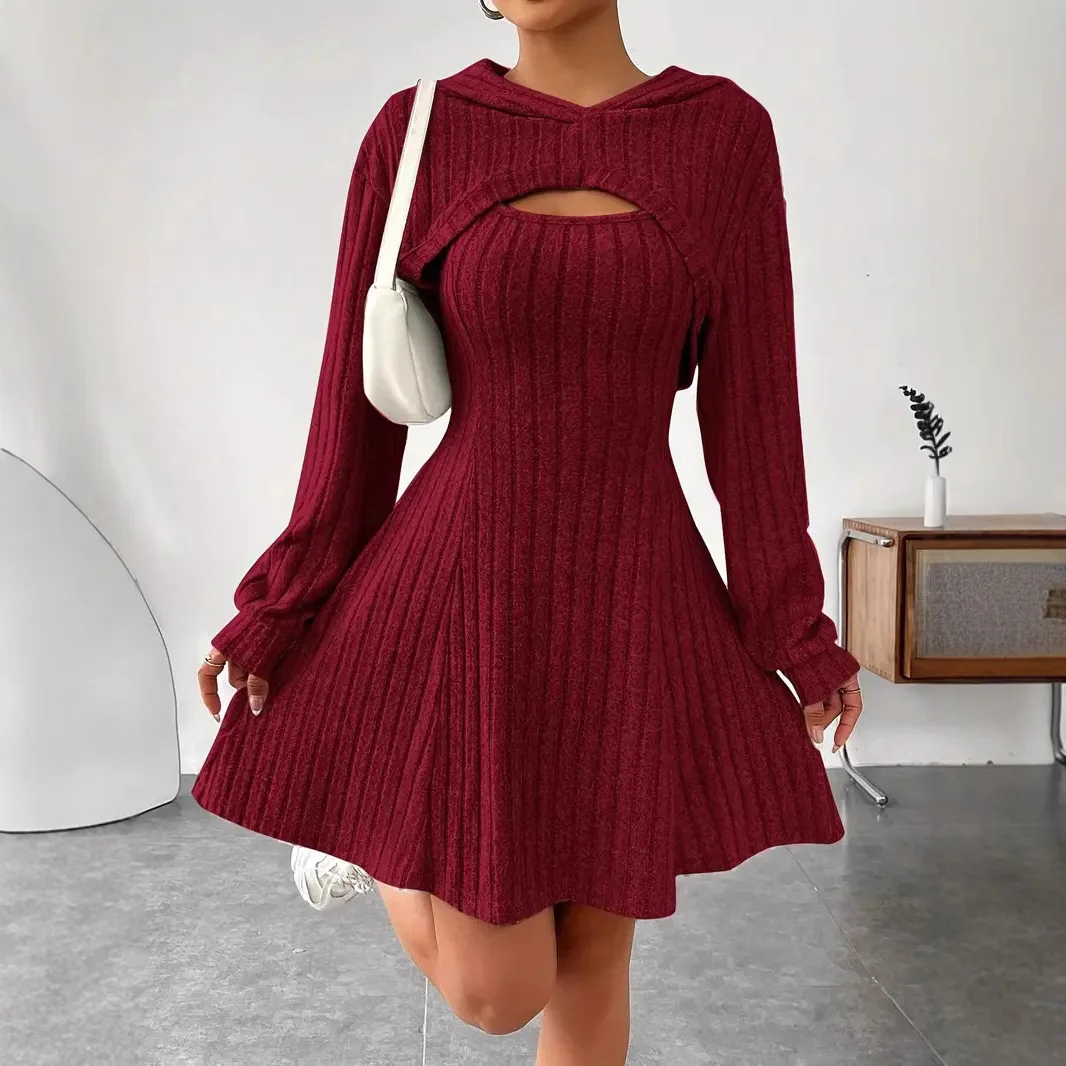 

2 Pieces Set For Woman Knitted Slim Set New In Matching Sets Long Sleeved Hooded Top Square Neck A-line Vest Hoodie Skirt Set