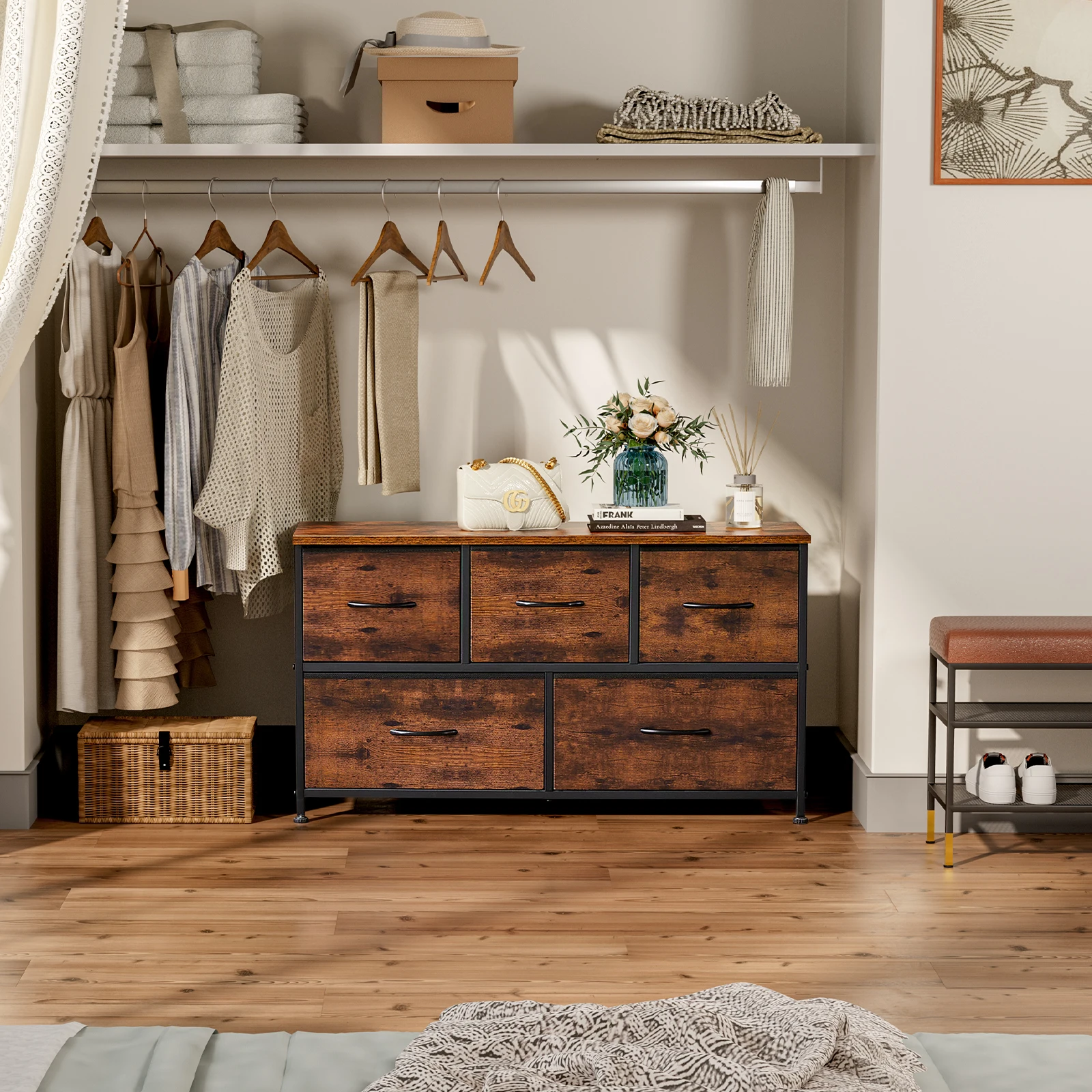 Living Room Display Cabinet Layers With 5 Fabric Drawers Wardrobe Steel Frame Assembly Closet