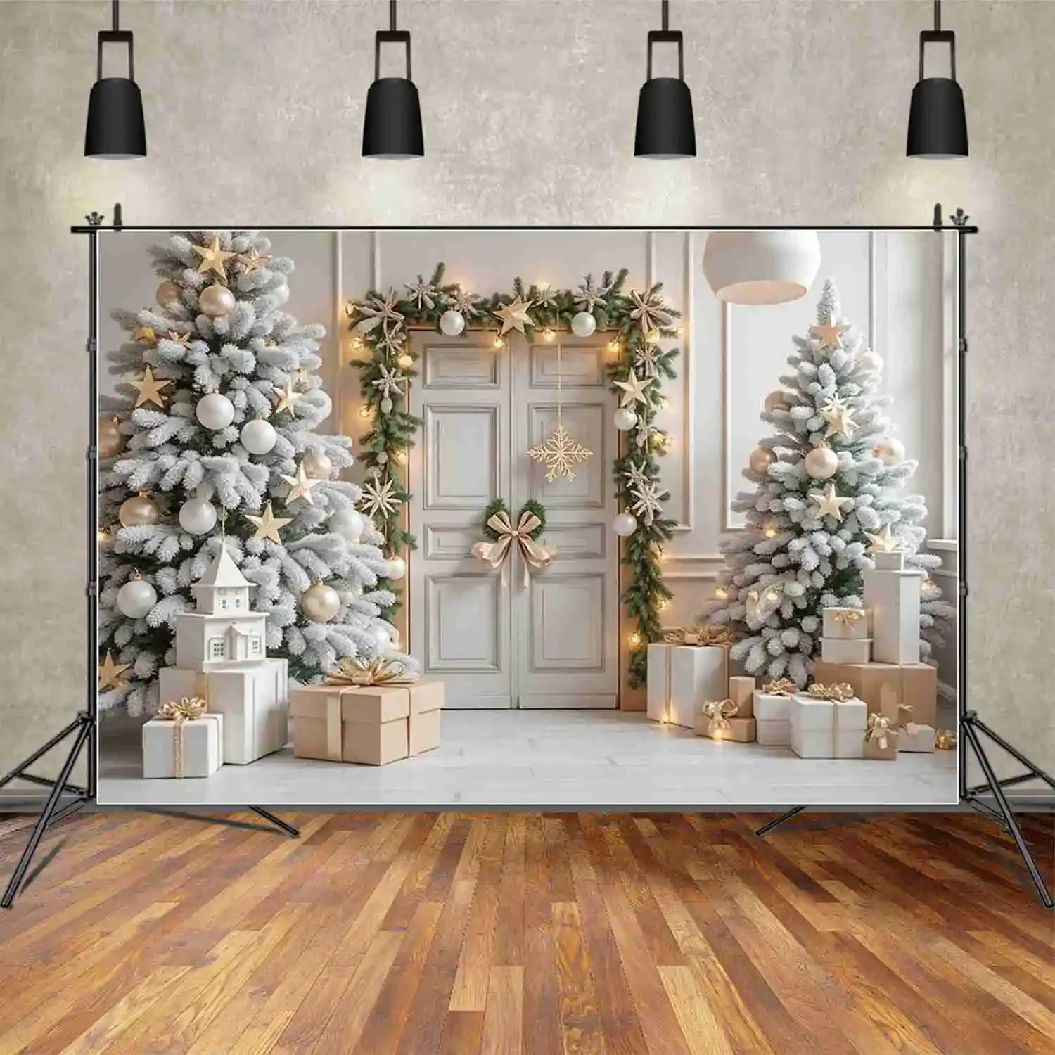 MOON.QG 2025 Christmas Photography Background Arch Window Wooden Door New Year Photozone Backdrop Baby Photo Studio Accessories