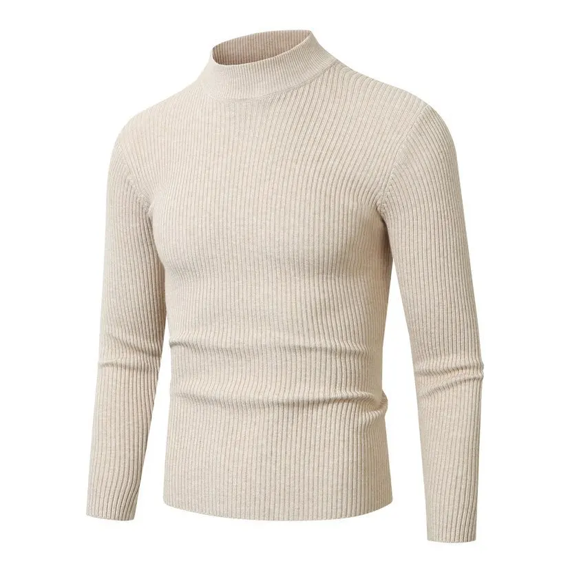 Autumn Winter Striped Mock Neck Pullover Sweater Men's Korean Slim Casual Thermal Top