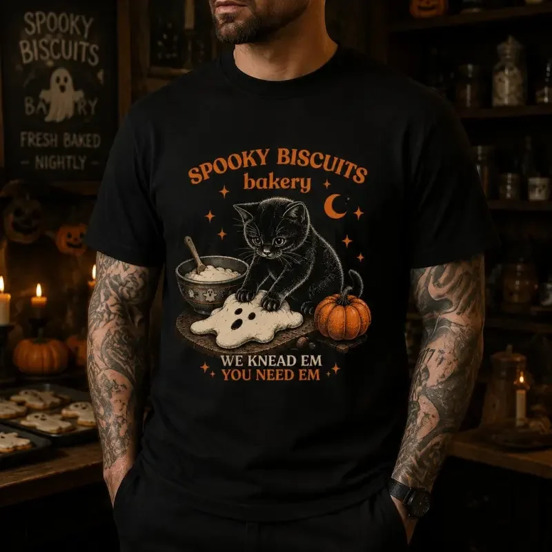Male Breathable Cotton Crewneck Short-Sleeve Casual Streetwear Tee - Spooky Biscuits Bakery Black Cat Ghost Cookie Print, Halloween Menswear, Machine-Washable Gift for September Back to School