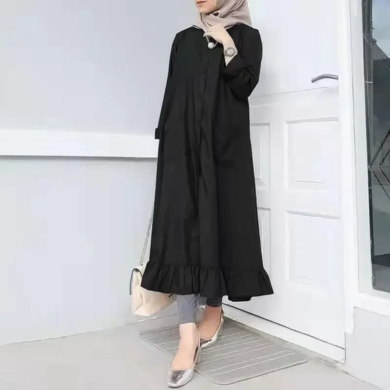 2025 New Muslim Abayat Dress Solid Round Neck Button Placket Abaya Femme Pocket Long Sleeve Ruffle Hem Islamic Long Skirt