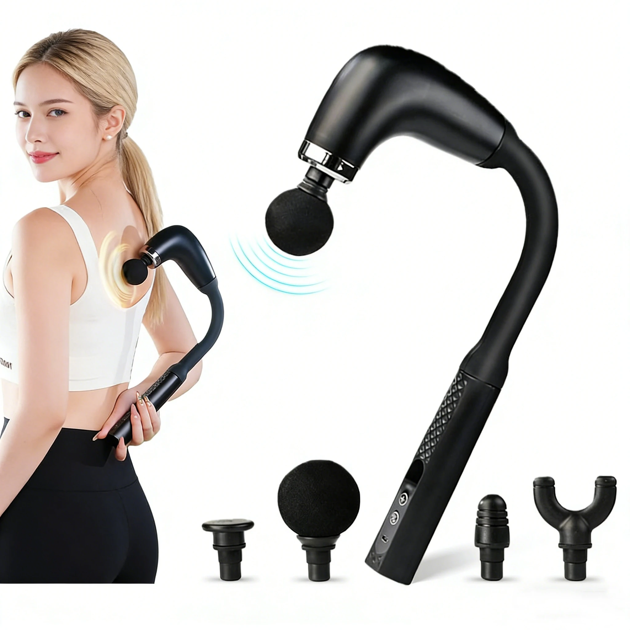 Deep Tissue Massage Gun for Back & Full Body – Long Handle Percussion Muscle Massager with 4 Replaceable Heads, Adjustable Spee