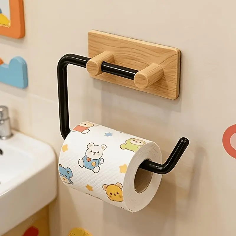 Modern Wall-mounted Toilet Paper Holder with Wood Grain Finish, No-drill Self-adhesive Tissue Rack—dual-purpose Kitchen/bathroom
