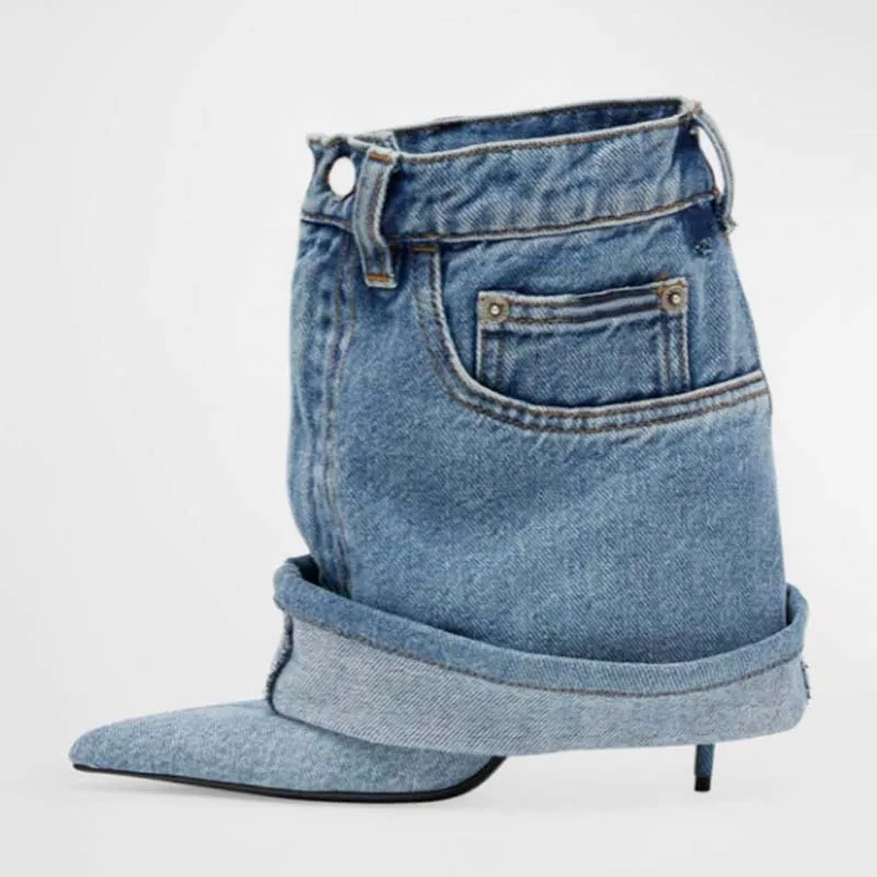 

Custom Denim Short Pants Boots Thin High Heels Pointed Toe Overlay Ankle Booties Wide Top Women's Trend Folded Shoes