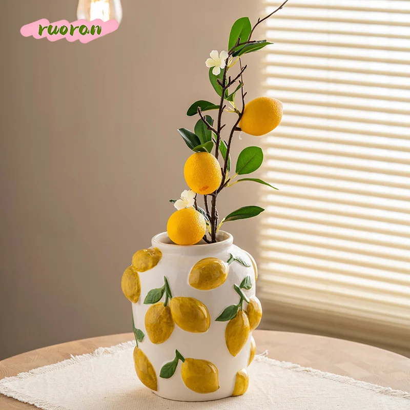 Elegant European Style White Porcelain Lemon Relief Round Vase Large Caliber Ins Home Table Decor Ornament
