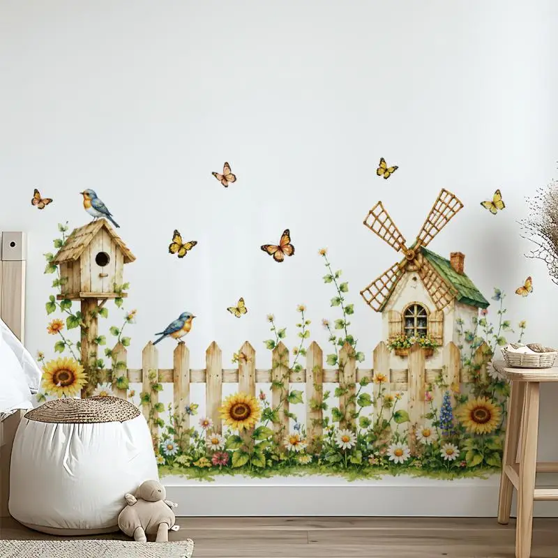 [Sunflower Baseboard Stickers Easy to Install Yellow Butterfly Decals for Living Room Garden Fence Wall Decor]