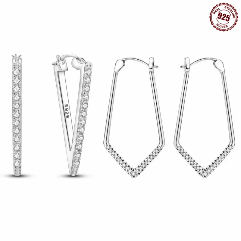 925 Sterling Silver Triangle Shaped Hoop Earrings Geometry Simple Inlay Zircon Jewelry Women Girl Evening Party Brithday Gifts