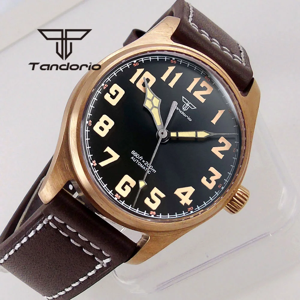 Tandorio CUSN8 Bronze 200M Automatic Diver Men\'s Watch PT5000 NH35A Sapphire Glass Green Lume Dial Arabic Numerals Leather Strap