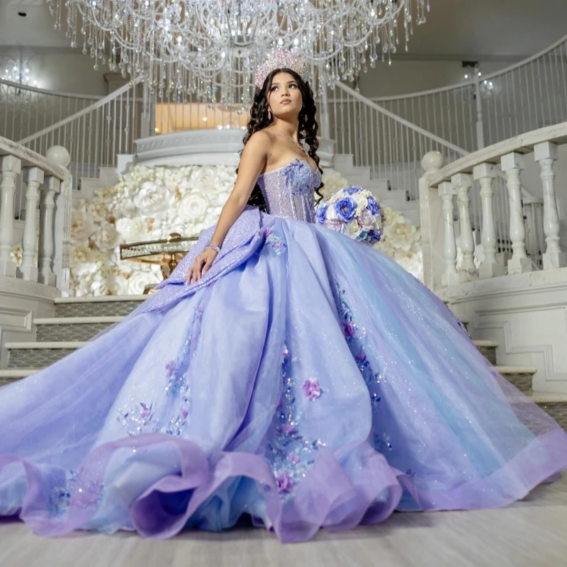 

Blue Shiny Quinceanera Dresses Off The Shoulder Applique Flower Beading Crystal Bow Tull Corset Party Birthday Sweet 16 Dress