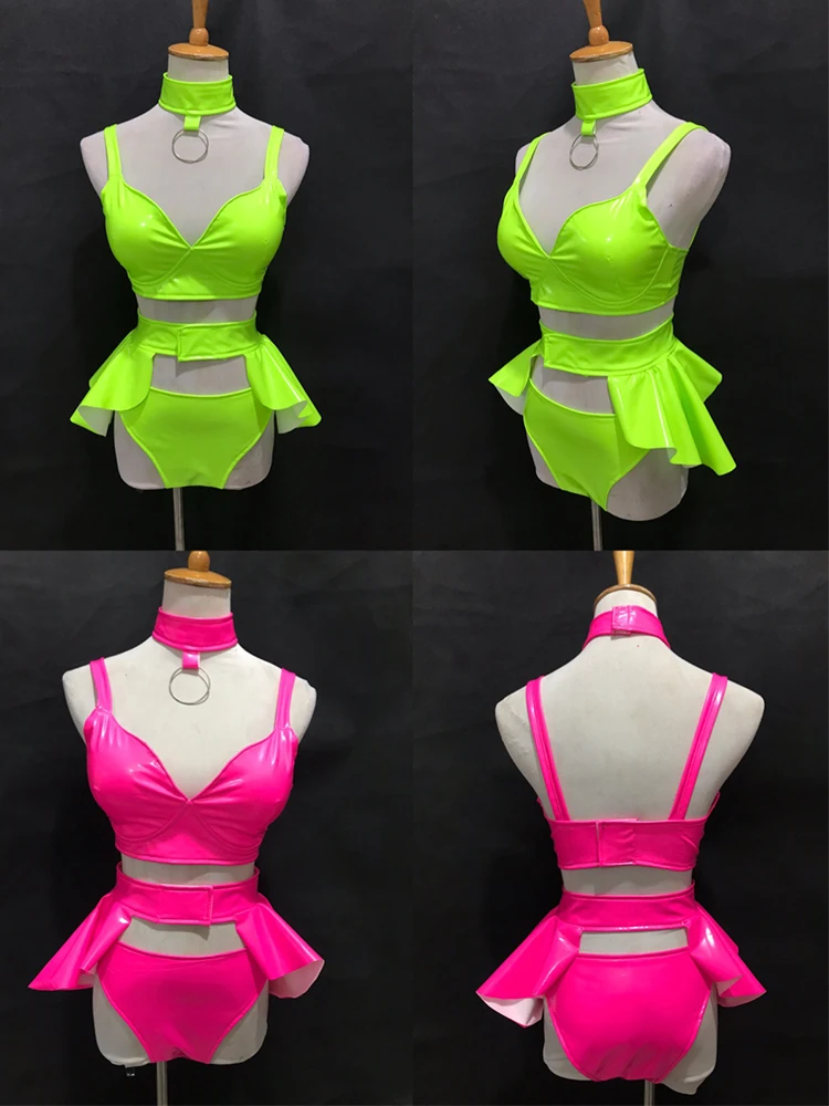 

New Fluorescent Color Nightclub Bikini Performance Clothing Suit Rave Outfits Bar Dj Dancer Stage Wear Pole Dance Costume Set