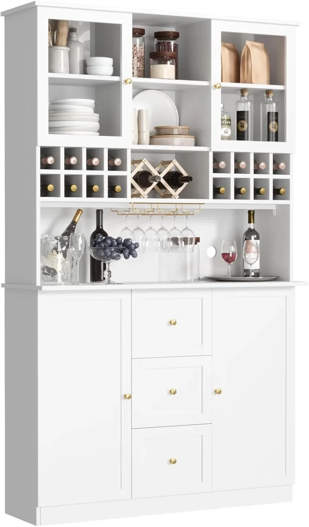 Cabinet with LED Light and Storage Shelves, Tall Freestanding Liquor Cabinet with Wine & Glasses Rack bar furniture