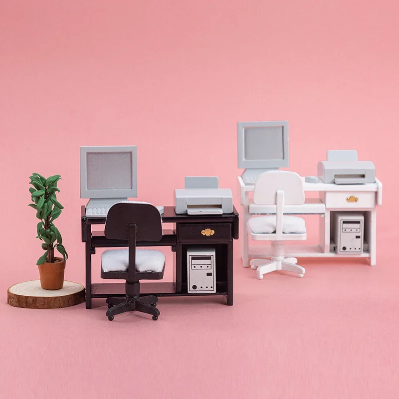 Mini Wooden Computer Desk Chair Office Supplies Model Furniture Dollhouse Office Scene Home Decor Miniatures Crafts