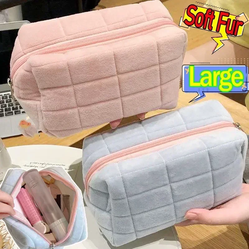 

Solid Fur Cosmetic Storage Bag Large Women Zipper Makeup Organizer Handbag Stationery Pencil Case Travel Make Up Toiletry Punch