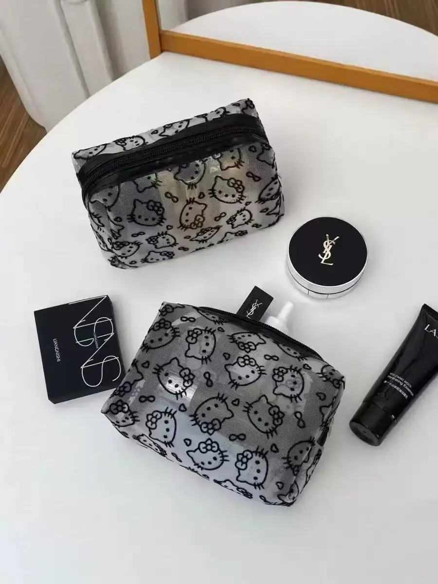 Bolsa de Armazenamento de Maquiagem em Malha Preta Kitty Kawai, Bolsa Portátil para Artigos de Higiene Pessoal de Viagem