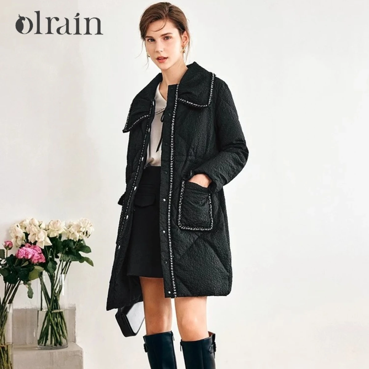 OLrain Women French Tweed Down Coat Winter 2026 Warm Mid-Length Thickened Overcoat Long Sleeve Female Outerwear O22DY65261