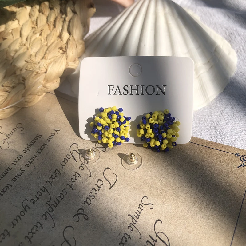 Stainless Steel Stud Beaded Dome Finding Pom Style Connector Yellow and Royal Blue Mix 15mm Small Seed Bead Topper Stud Earrings