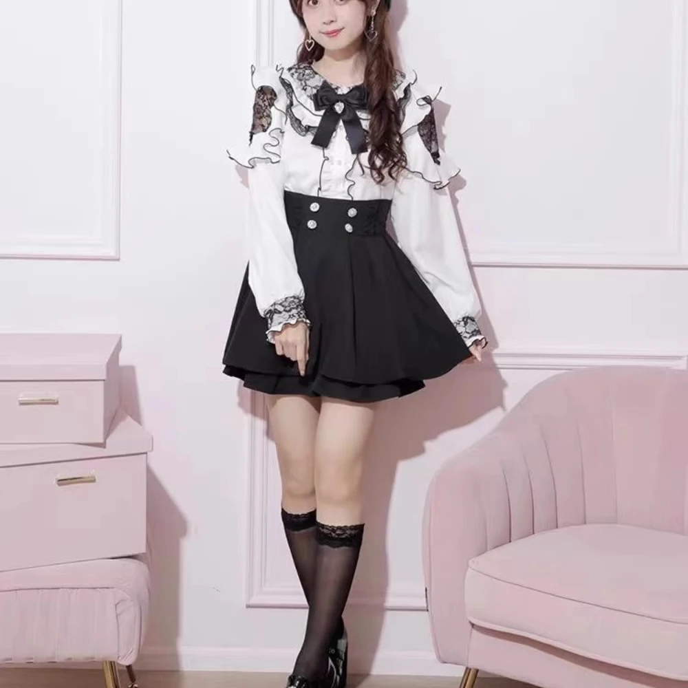 

Japanese Lace Women's Shirt with Leaf Edge Off The Shoulder Sweet Long-sleeved Shirt Coat Women's Lolita Student Blouse Tops