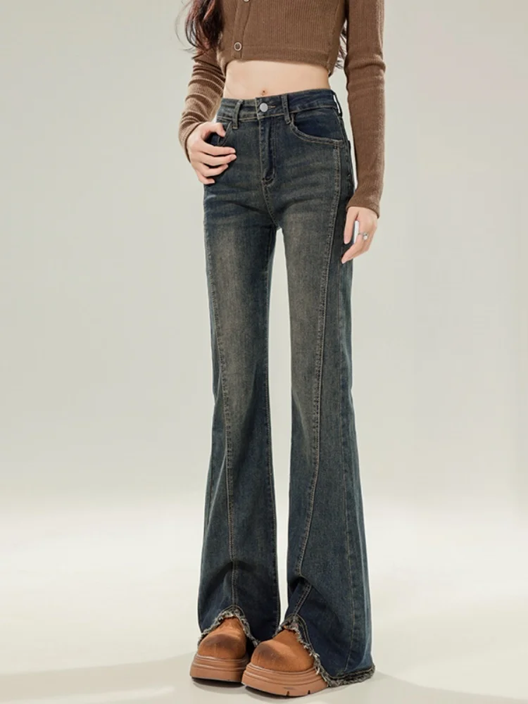 

Retro American Fleece Lined Flared Jeans Women's plus Size High Waist Slimming Design Sense Frayed Hem Bell Bottoms