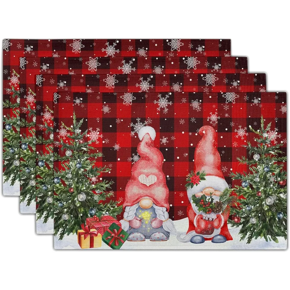 Winter Gnomes Placemats Set Of 4, Christmas Snowflakes Xmas Trees Linen Table Mats, Red Black Buffalo Plaids Non-Slip Placemat