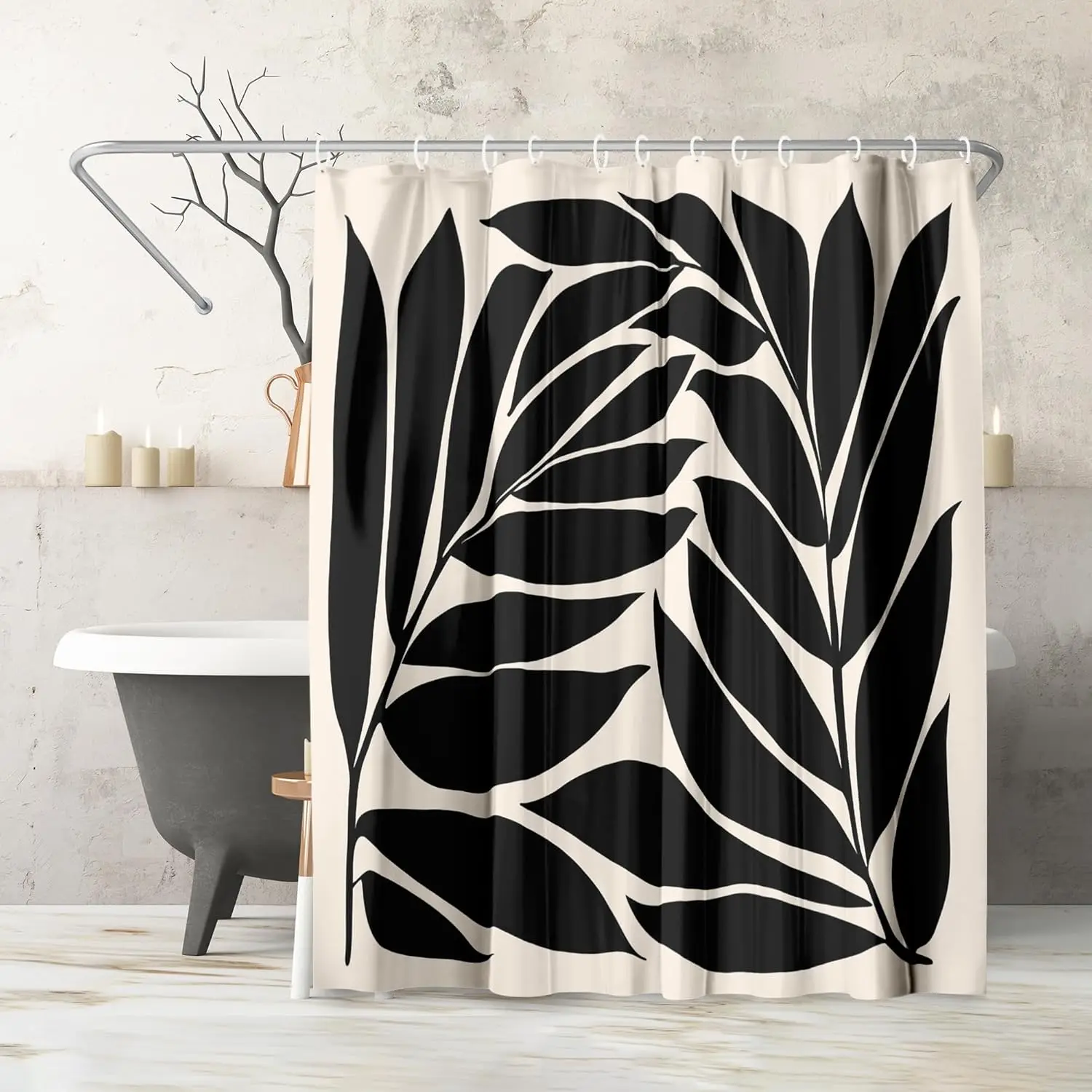 

71x74 Botanical Shower Curtain - Water-Resistant Long Bathroom Decor with Metal Grommets & 12 Hooks - Polyester Black Ivory